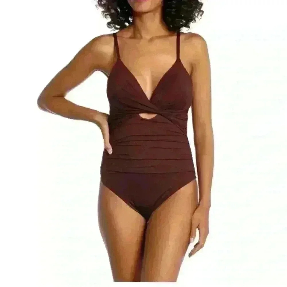 NWT La Blanca Island Goddess Twist Keyhole OnePiece swimsuit Java brown size 12